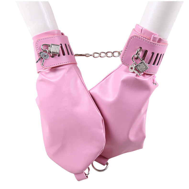 PU Leather Padded Bondage Mitts with Locking Straps & Connecting Chain - Playful Adult Set(Black)