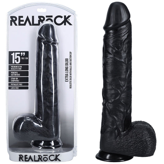 REALROCK 38cm Extra Long Dildo with Balls - Black