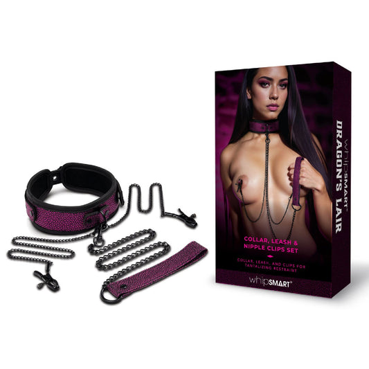 WhipSmart Dragons Lair Collar, Leash and Nipple Clips Set