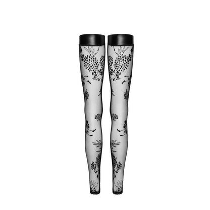 Noir Tulle Stockings W Patterned Flock Embroidery & Power Wetlook Band - Black - Large