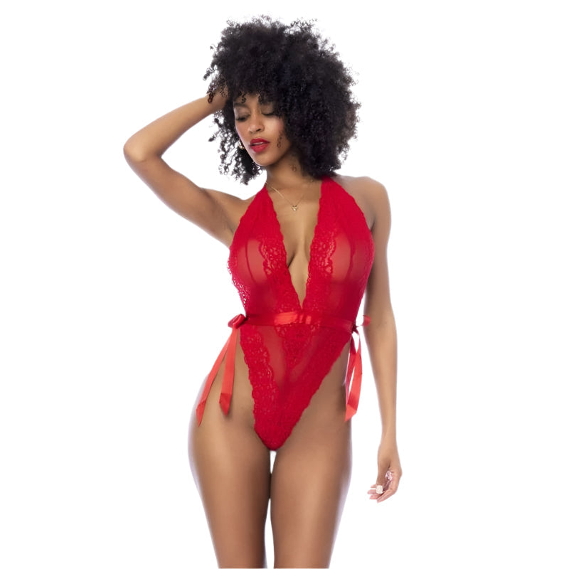 Red Lace Bodysuit with Side Ties
