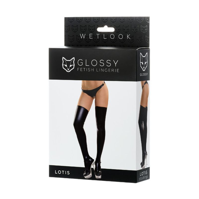 Glossy Wetlook Stockings Lotis - Black - Extra Large
