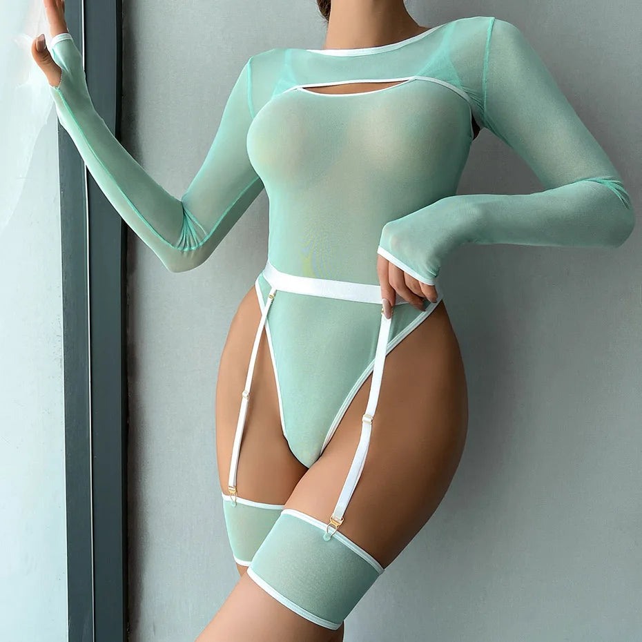 Alluring Transparent Bodysuit Open Crotch Teddy Nightgown For Women - Light Green - S