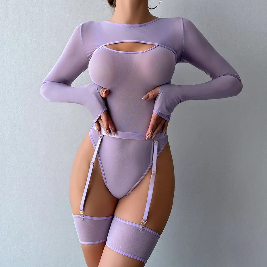 Alluring Transparent Bodysuit Open Crotch Teddy Nightgown For Women - Light Green - S