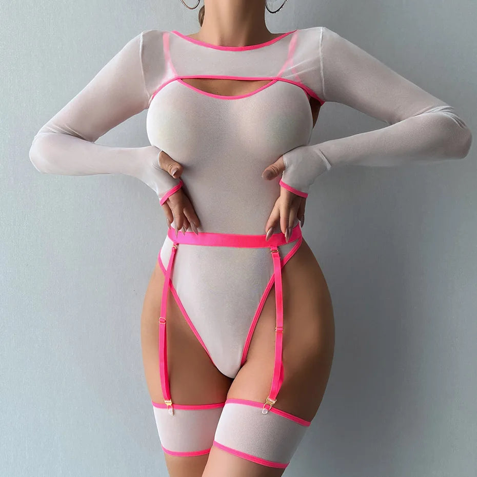 Alluring Transparent Bodysuit Open Crotch Teddy Nightgown For Women - Light Green - S