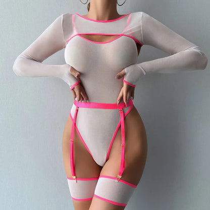 Alluring Transparent Bodysuit Open Crotch Teddy Nightgown For Women - Light Green - S