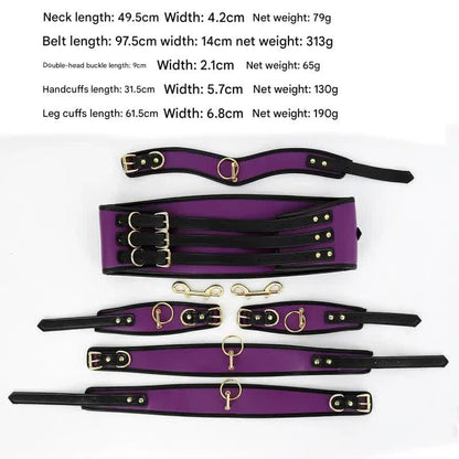 Adjustable PU Leather Bondage Restraint Set - Collar, Waist Belt, Hand & Leg Cuffs with Connectors(purple)