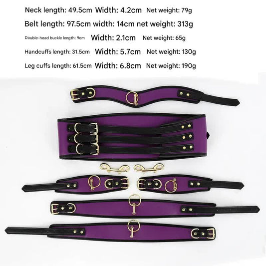 Adjustable PU Leather Bondage Restraint Set - Collar, Waist Belt, Hand & Leg Cuffs with Connectors(purple)