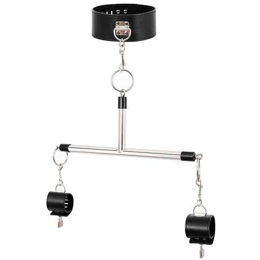Adjustable PU Leather Collar & Locking Handcuff Spreader Bar Set - Adult Novelty Restraint(black)
