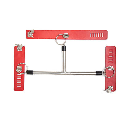 Adjustable PU Leather Collar & Locking Handcuff Spreader Bar Set - Adult Novelty Restraint(red)