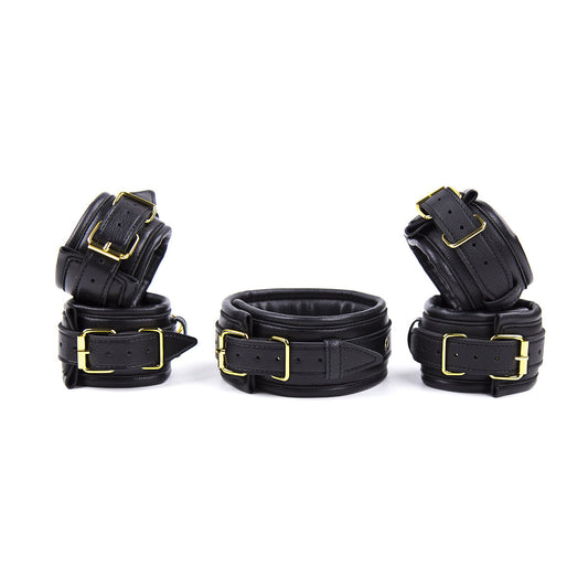 Premium PU Leather Adjustable Padded Collar, Handcuffs & Ankle Cuffs Set with Leash/Connectors(black)