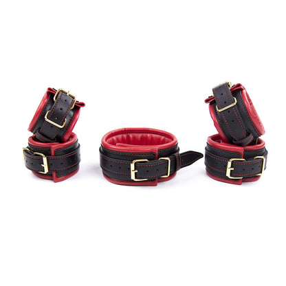 Premium PU Leather Adjustable Padded Collar, Handcuffs & Ankle Cuffs Set with Leash/Connectors(Red)