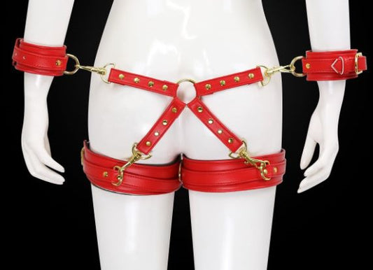 Adjustable PU Leather X-Harness Restraint Set with Cuffs - Playful Bondage Accessory(Red)