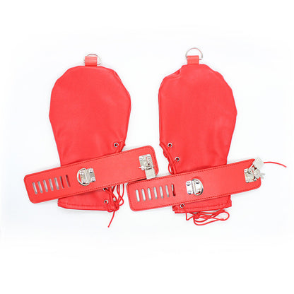 PU Leather Padded Bondage Mitts with Locking Straps & Connecting Chain - Playful Adult Set(red)