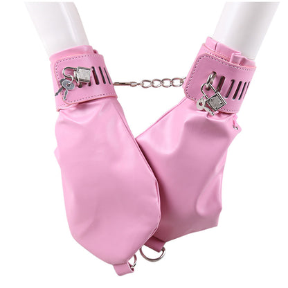 PU Leather Padded Bondage Mitts with Locking Straps & Connecting Chain - Playful Adult Set(red)