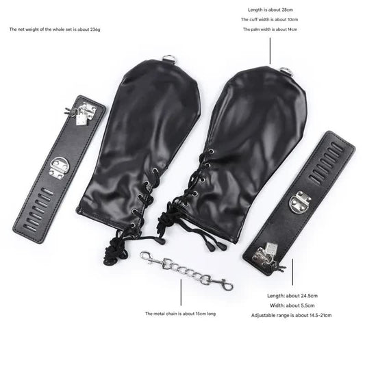 PU Leather Padded Bondage Mitts with Locking Straps & Connecting Chain - Playful Adult Set(Black)
