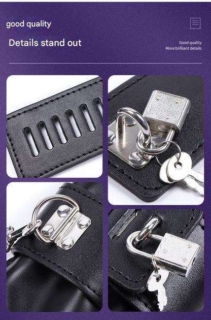 PU Leather Padded Bondage Mitts with Locking Straps & Connecting Chain - Playful Adult Set(Black)