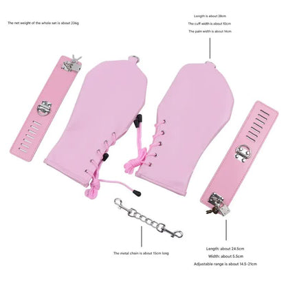 PU Leather Padded Bondage Mitts with Locking Straps & Connecting Chain - Playful Adult Set(Pink)