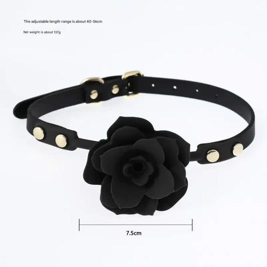 Silicone Rose Ball Gag with Adjustable PU Leather Strap - Playful Adult Novelty(black)