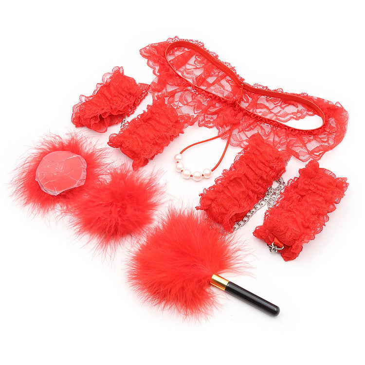 7-Piece Lace & Feather Playful Lingerie Accessory Set - Cuffs, G-String, Tickler &Nipple stickers(red)