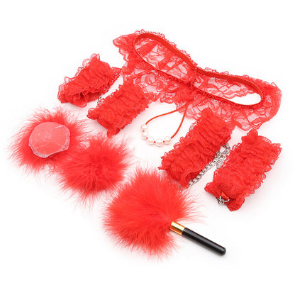 7-Piece Lace & Feather Playful Lingerie Accessory Set - Cuffs, G-String, Tickler &Nipple stickers(red)