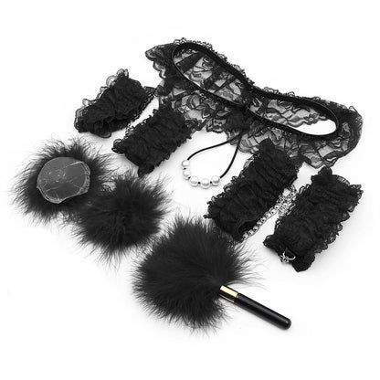 7-Piece Lace & Feather Playful Lingerie Accessory Set - Cuffs, G-String, Tickler &Nipple stickers(black)
