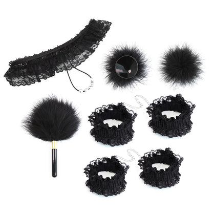 7-Piece Lace & Feather Playful Lingerie Accessory Set - Cuffs, G-String, Tickler &Nipple stickers(black)