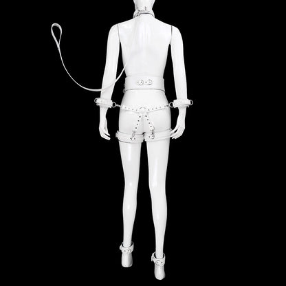 Full Body PU Leather Bondage Restraint Set with Collar, Leash, Cuffs & Harness - Adjustable Adult Play(White)