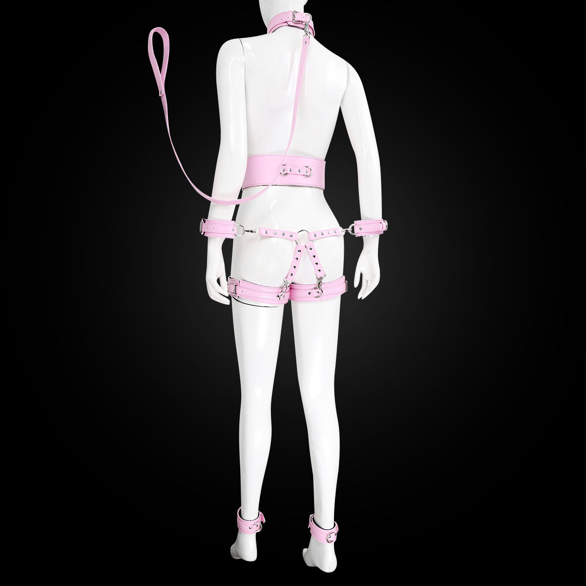Full Body PU Leather Bondage Restraint Set with Collar, Leash, Cuffs & Harness - Adjustable Adult Play(Pink)