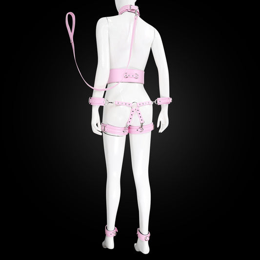 Full Body PU Leather Bondage Restraint Set with Collar, Leash, Cuffs & Harness - Adjustable Adult Play(Pink)