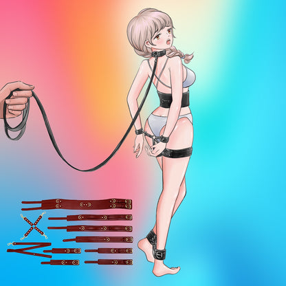 Full Body PU Leather Bondage Restraint Set with Collar, Leash, Cuffs & Harness - Adjustable Adult Play(Pink)