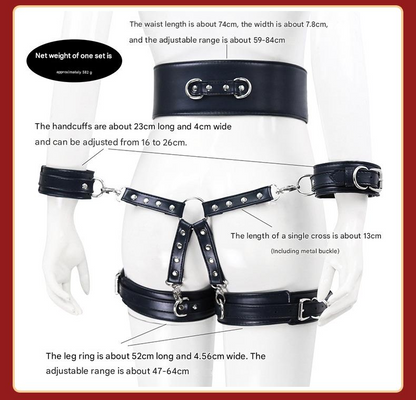 Full Body PU Leather Bondage Restraint Set with Collar, Leash, Cuffs & Harness - Adjustable Adult Play(Red)