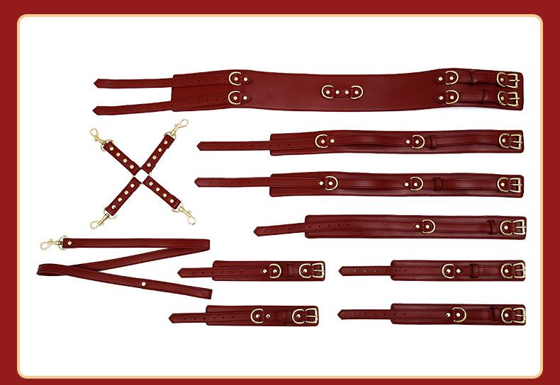 Full Body PU Leather Bondage Restraint Set with Collar, Leash, Cuffs & Harness - Adjustable Adult Play(Red)