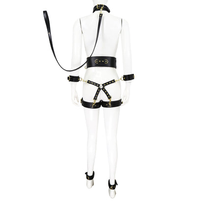 Full Body PU Leather Bondage Restraint Set with Collar, Leash, Cuffs & Harness - Adjustable Adult Play(Black)