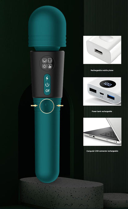 (Green) Powerful Dual Stimulation Wand Vibrator - Heated Tip, Multi-Mode, LCD Display