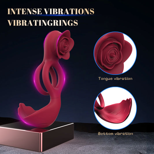 Red Romantic Rose Dual Motor Vibrating Couples Pleasure Ring - Rechargeable Silicone Enhancer
