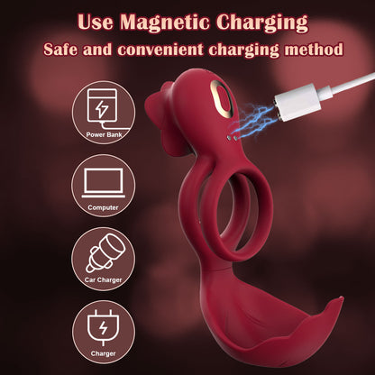 Red Romantic Rose Dual Motor Vibrating Couples Pleasure Ring - Rechargeable Silicone Enhancer