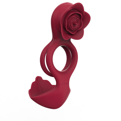 Red Romantic Rose Dual Motor Vibrating Couples Pleasure Ring - Rechargeable Silicone Enhancer