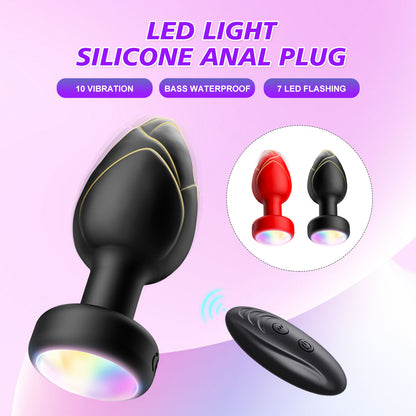 Red Luminous LED Vibrating Anal Plug with Wireless Remote - 10 Speeds, 7 Light Modes, Waterproof Silicone