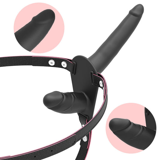 Black Versatile Unisex Dual-Ended Silicone Strap-On Dildo with Adjustable Leather Harness for Couples & Solo Play