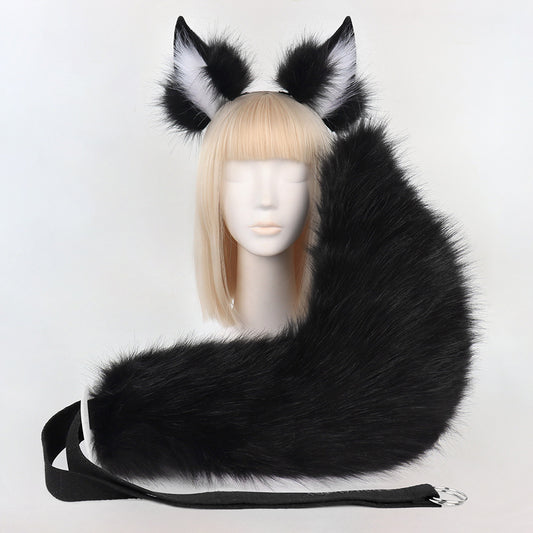 Black Plush Faux Fur Fox Ears Headband and Tail Set - Realistic Animal Costume for Cosplay & Parties