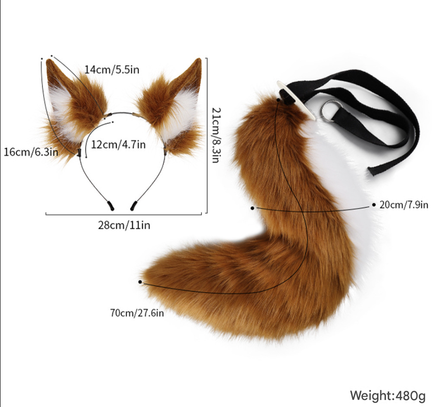 Black Plush Faux Fur Fox Ears Headband and Tail Set - Realistic Animal Costume for Cosplay & Parties